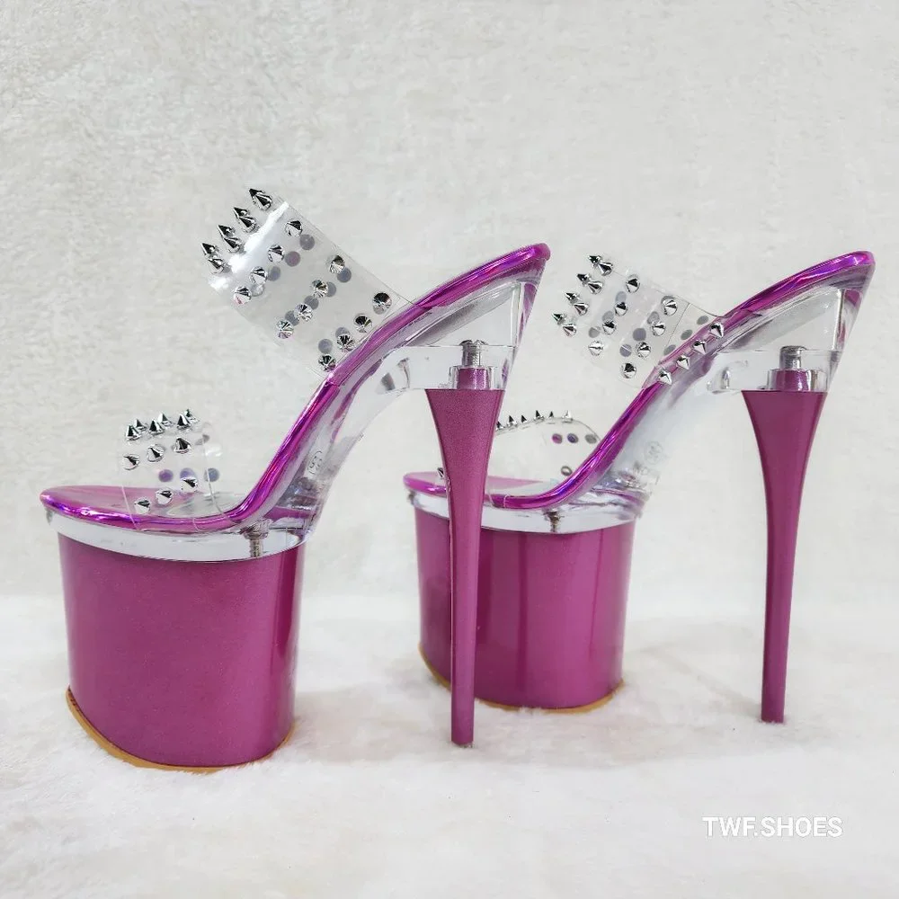 Sleek Slim 8" Towering Platform Heels Purple Double Clear Spiked Straps Slip on